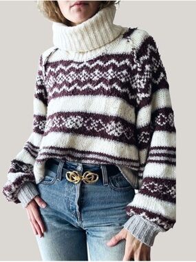 FREE PEOPLE Check Me Out Pullover Turtleneck Winter Fog Cream Maroon Sweater